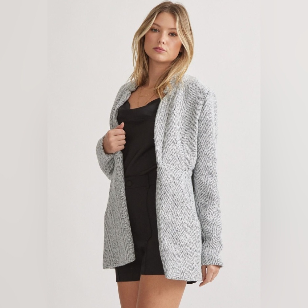 Vici Tayshia Light Gray White Herringbone Knit Open Pocket Jacket M Medium